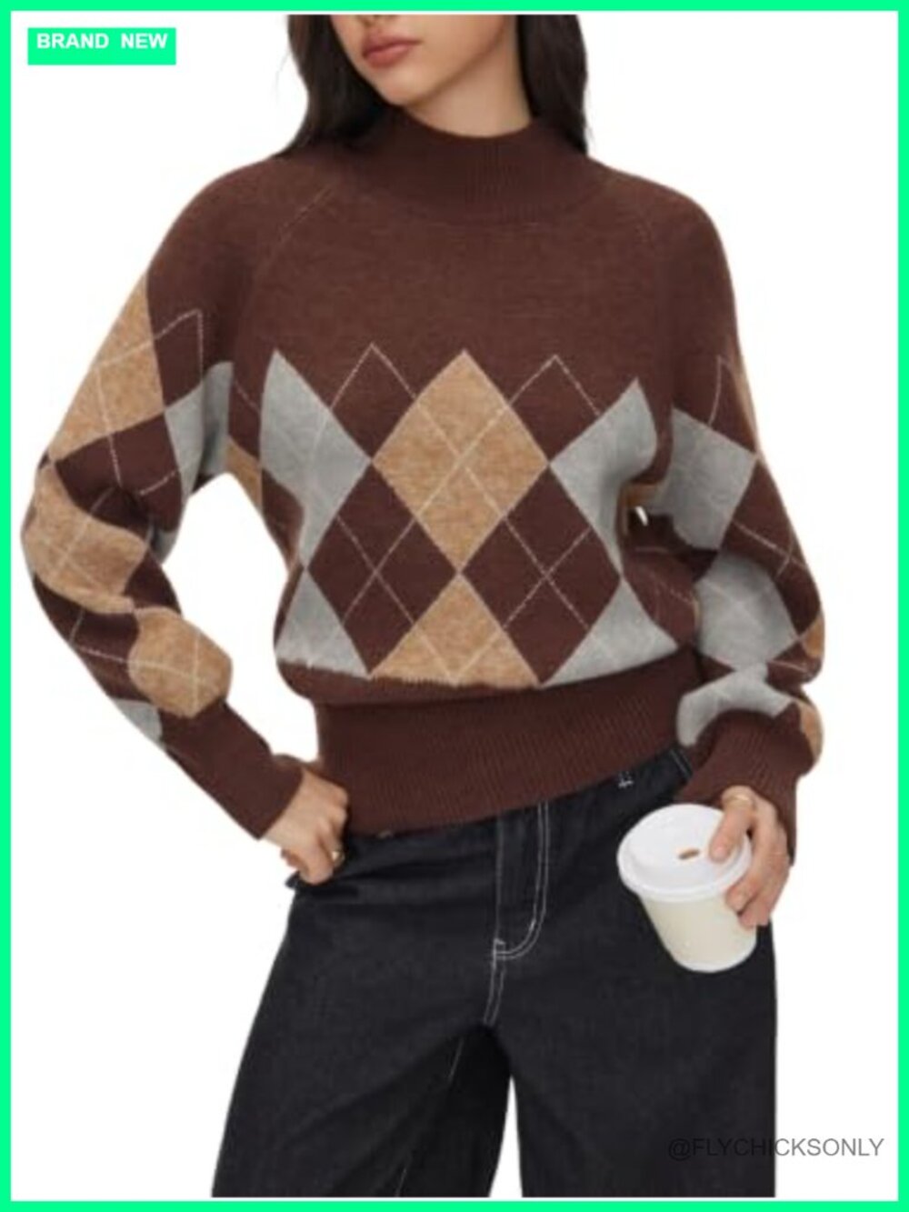 Mock Neck Argyle Knitted Pullover Sweater with Lantern Sleeves Oversized Fit